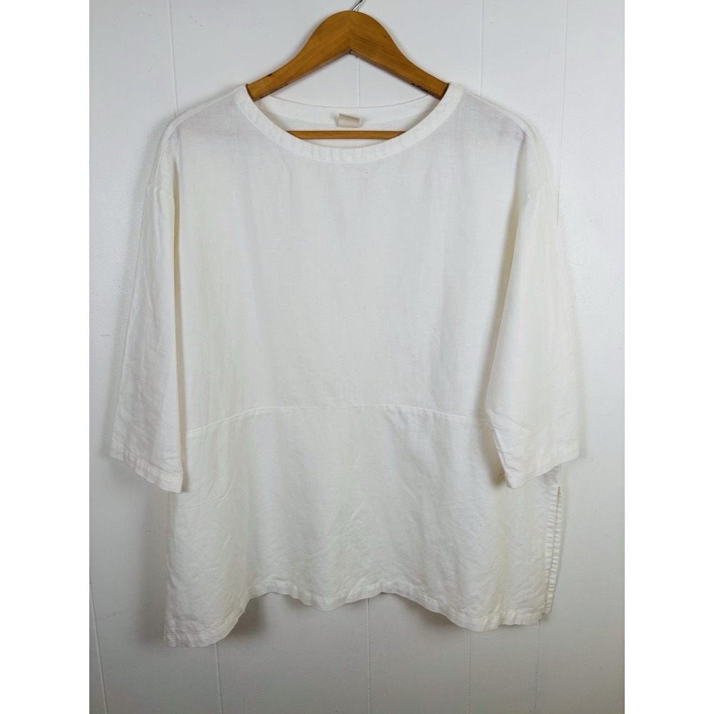 Lintico Women's Small White Linen Cotton Popover 3/4 Sleeve Blouse Top